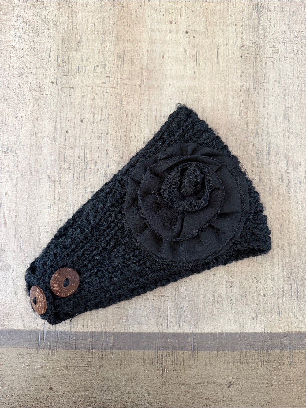 D&Y Black Knit Headband with Flower Accent and Wooden Buttons